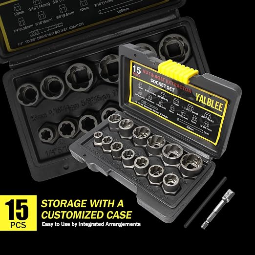 15Pcs Bolt Extractor Socket Set, Heavy-Duty Nut Socket Set, 3/8" Drive Impact Stripped Bolt Remover & Locking Lug Nut Tool for Damaged/Frozen/Rusted Bolts, Nuts & Screws, Storage Case Included