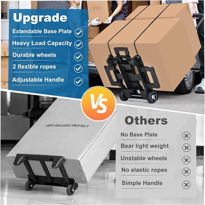 Folding Hand Truck Trolley Dolly, Folding Cart Small Trolley Dolly with Wheels, Lightweight Utility Dolly Trolly Expandable Baseplate Small Backpack Portable Luggage Cart for Airport Travel