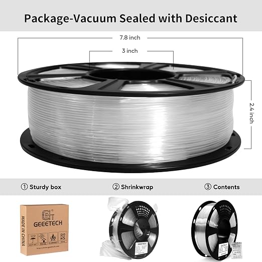Geeetech Clear PLA Filament 1.75mm, Excellent Transparency, Neatly Wound 3D Printer Filament 1kg(2.2lbs), Transparent PLA Fit Most FDM 3D Printers