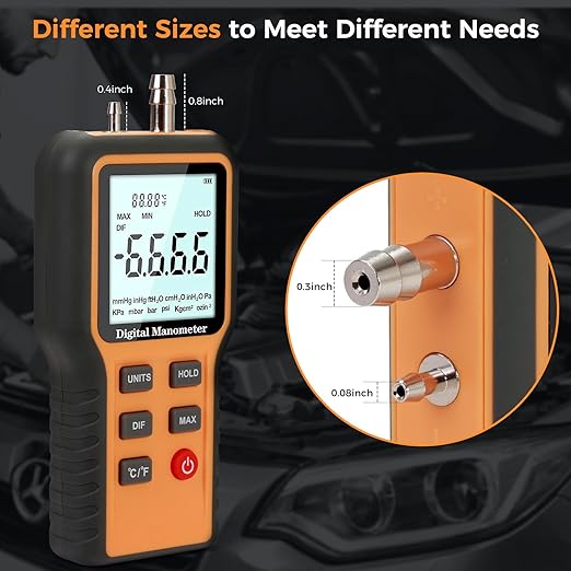 Manometer, Professional Air Pressure Meter, Dual-Port Gas Pressure Tester, | 12 Selectable Units Differential Pressure Gauge, HVAC Digital Manometer, Gas Pressure Tester (Included Battery)