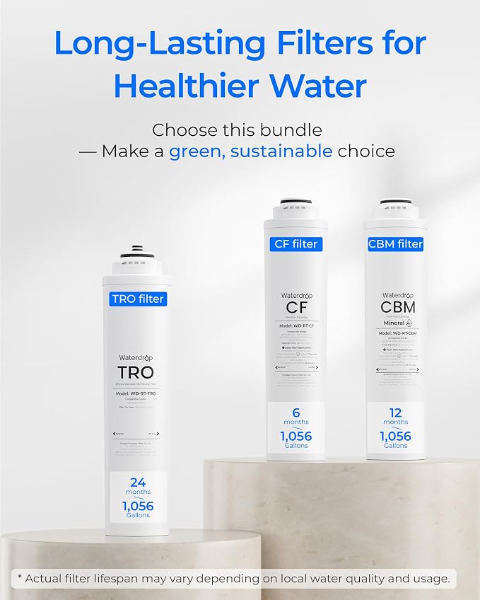 Waterdrop RT-AF2 Filter, Replacement for T3-T RO System, CF*1+CBM*2+TRO*1 | 1-Year Replacement Filters Bundle, Mineral-Enhanced Filtration, Under-Sink RO Water Filter, High Capacity, Easy Replacement