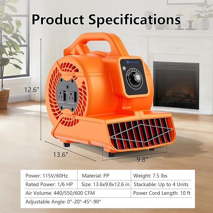 Air Mover Blower Fan, Portable Air Blower, Floor Fan, Carpet Dryer, Floor Dryer, 1/6 HP 600 CFM, 3-Speed, 4 Adjustable Angles, Daisy Chain, Stackable, for Janitorial, Home, Commercial Use, ETL Listed