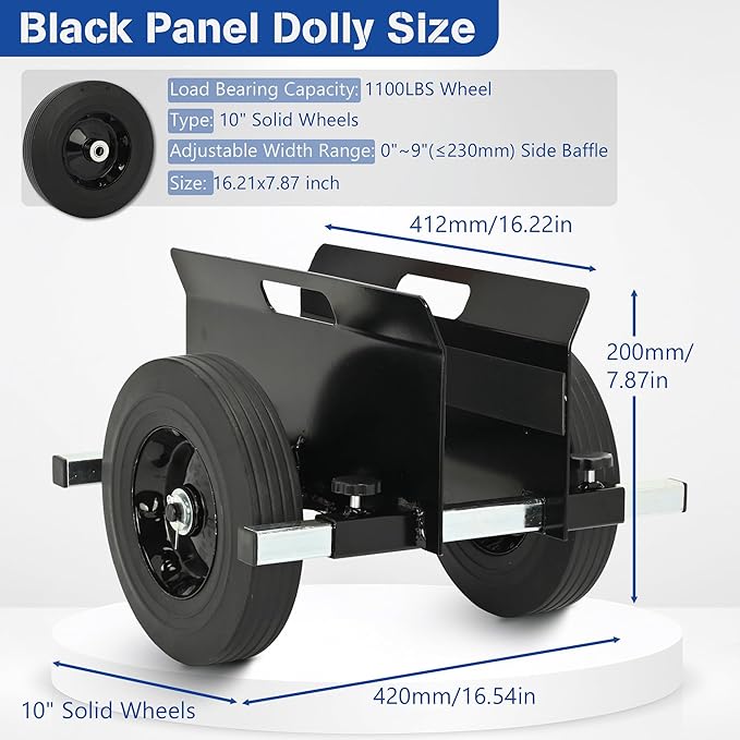 Heavy Duty Panel Dolly Black 1100LBS Capacity Door Cart with 10" Solid Wheels, Adjustable Drywall Mover Panel Drywall Cart Material Handling All Terrain Slab Dolly