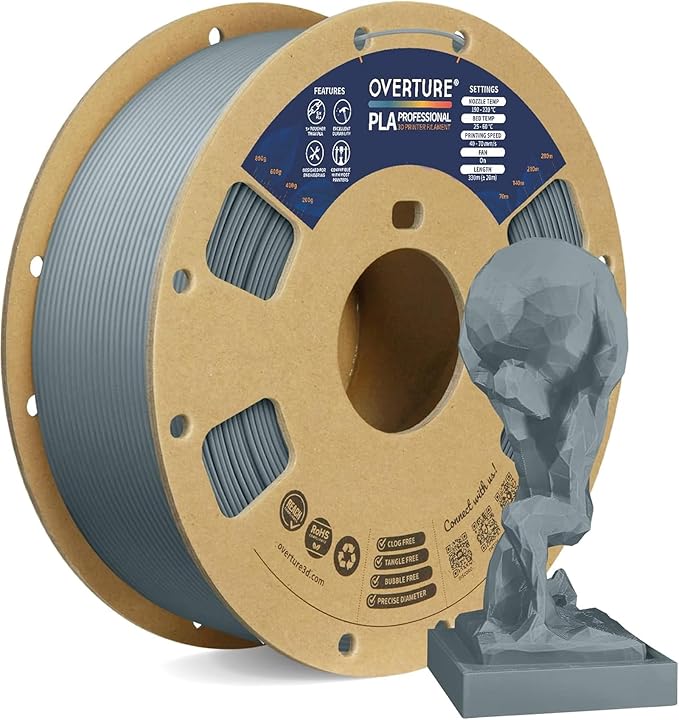 OVERTURE PLA Plus (PLA+) Filament 1.75mm, Stronger & More Durable, Professional Toughness 3D Printer Filament 1kg (2.2lbs), High Precision +/- 0.02mm, Tangle-Free (Light Gray)