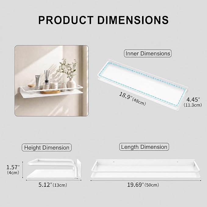 RFOUO 20 Inch White Metal Wall Shelf with Guard Rail, Long Wall Mounted Bathroom Shelf, Aluminum Floating-Style Display Shelf for Kitchen Bedroom Decor Storage Organizer, 1 Pack