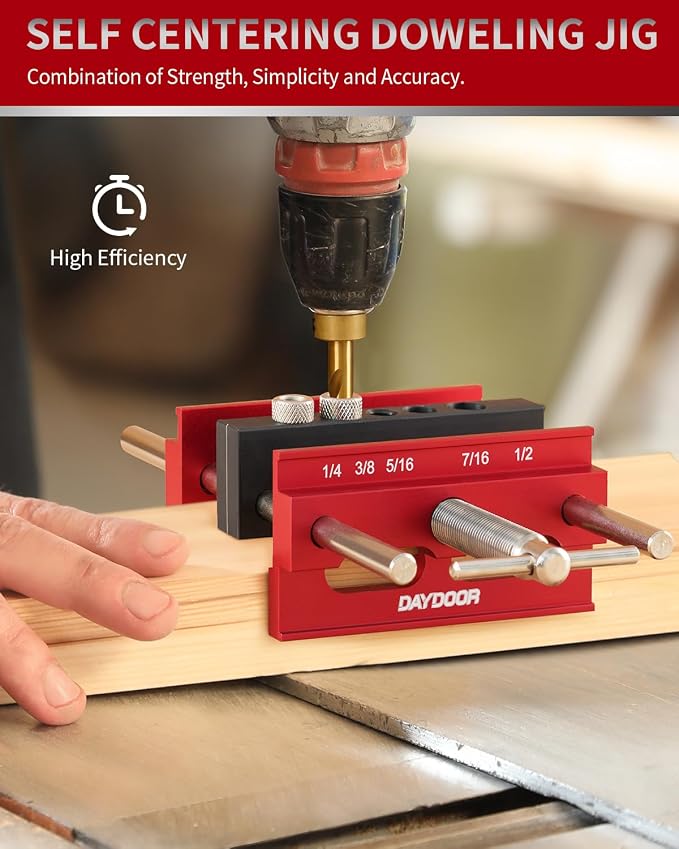 DAYDOOR 6.7" Self Centering Dowel Jig, Wide Capacity Doweling Jig & Drill Guide for Woodworking, Complete Kit with 6 Steel Bushings for Straight Holes(Red)