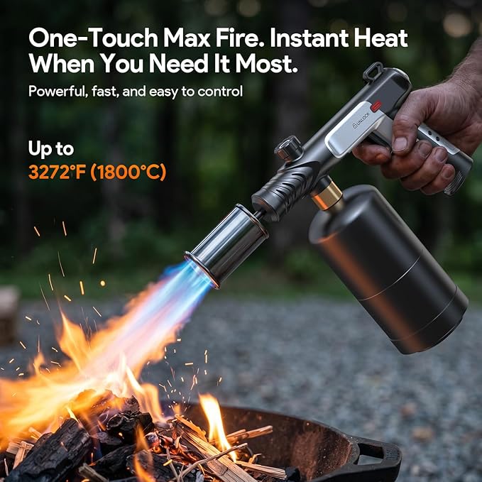 Propane Torch Gun, 30,000 Stable Ignition Kitchen Blow Torch with One-Touch Max Fire, Safety Lock & Adjustable Flame, Propane Torch Head for Searing Steak, Grill, BBQ, Charcoal Starter, Campfire