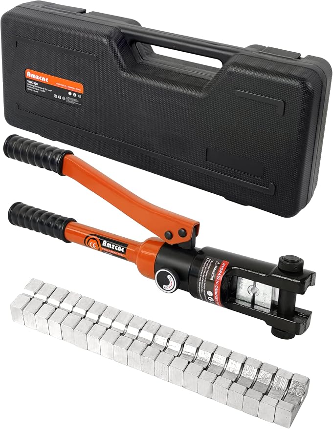 AMZCNC 12 Ton Hydraulic Cable Lug Crimper Hydraulic Wire Crimper Battery Lug Terminal Cable Crimping Tool with (10 AWG to 250 MCM)10 Pairs of Dies