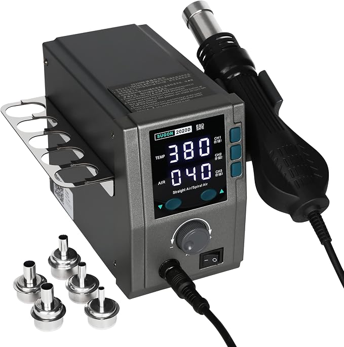 SUGON 2020D Hot Air Rework Station 700W High Power, Temp 212°F-932°F Fast Heating, ℉/℃,3 Memory Storage, Automatic Sleep,110V Hot Air Gun Station with Quick Change Nozzle Bracket and 5 Nozzles
