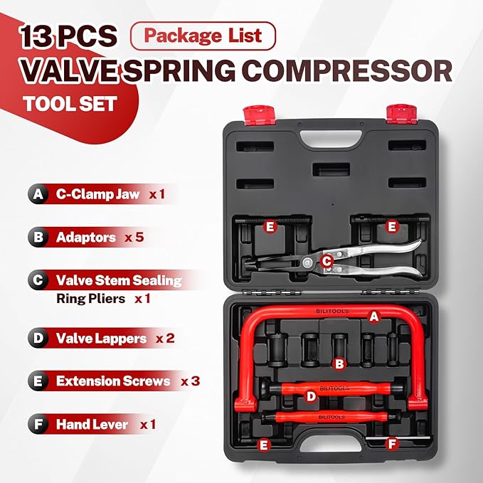 BILITOOLS 13pcs Valve Spring Compressor Tools with Straight Valve Stem Seal Plier, Valve Lapping/Grinding Tool for ATV, Car, Motorcycle, and Small Engine Equipment