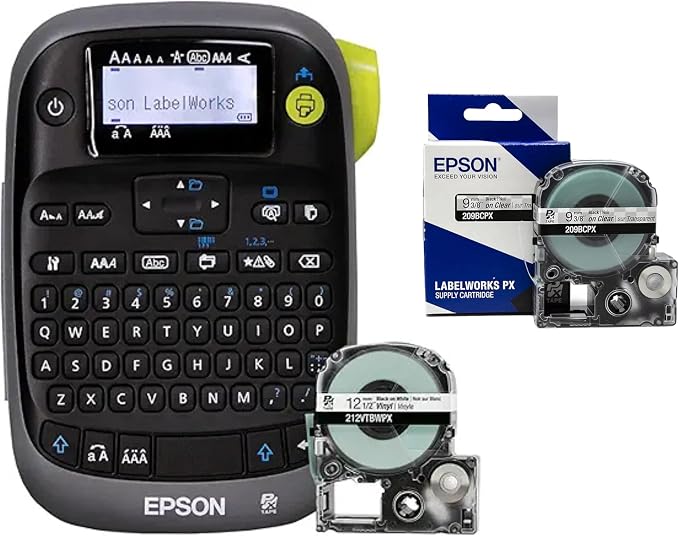 LABELWORKS Epson LW-PX300 Industrial Label Maker & 209BCPX Genuine PET (Polyester) Tape Cartridge - Black on Clear Label Maker Tape - 3/8" (9MM) Wide, 30'