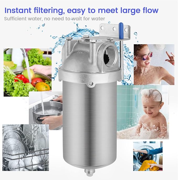 NSF/ANSI 42 Stainless Steel Whole House Water Filter Housing, 5" x 2.5" Sediment Water Filter System for Heavy Duty, Well & City Water, 1" NPT Port, Drain Valve Style C(Square Head)