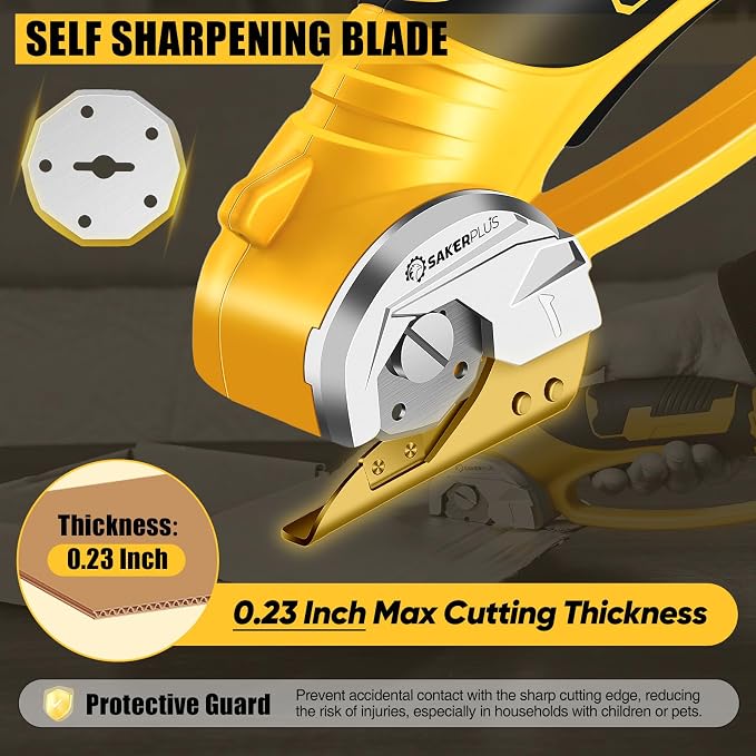 SakerPlus Cordless Electric Scissors, 4V Cardboard Cutter, Box Cutter - 2 Blades, 1 Storage Bag, Safety Lock & LED Light, Rechargeable Power Rotary Cutter for Box Carpet Fabric Plastic Leather
