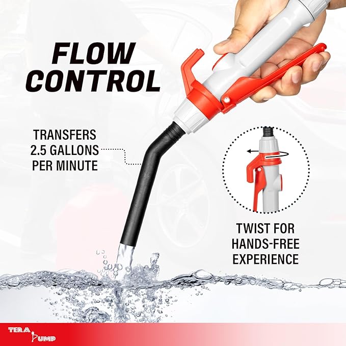 TERA PUMP TRFA02-MTX-XL Fuel Transfer Pump (2.5 GPM), AA Battery Powered Gas Can Pump, Flow Control Nozzle w/Universal Adapter + Utility Jug Adapter for Gas Diesel E85 E15-4.25ft Heavy-Duty Hose