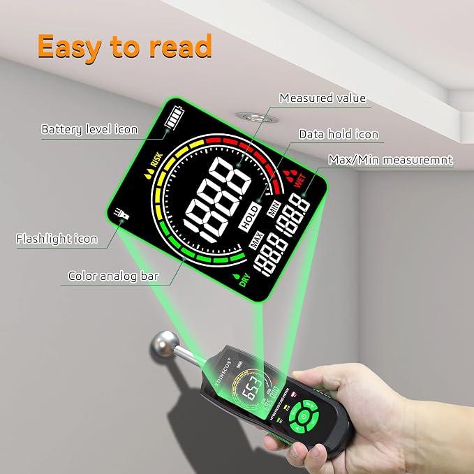 RDINSCOS Ball Probe Moisture Meter Non-Invasive Digital Moisture Detector | 5-40mm Depth Moisture Tester for Wood, Wall, Custom Alarm Threshold, Flashlight LCD Screen for Basement Inspection