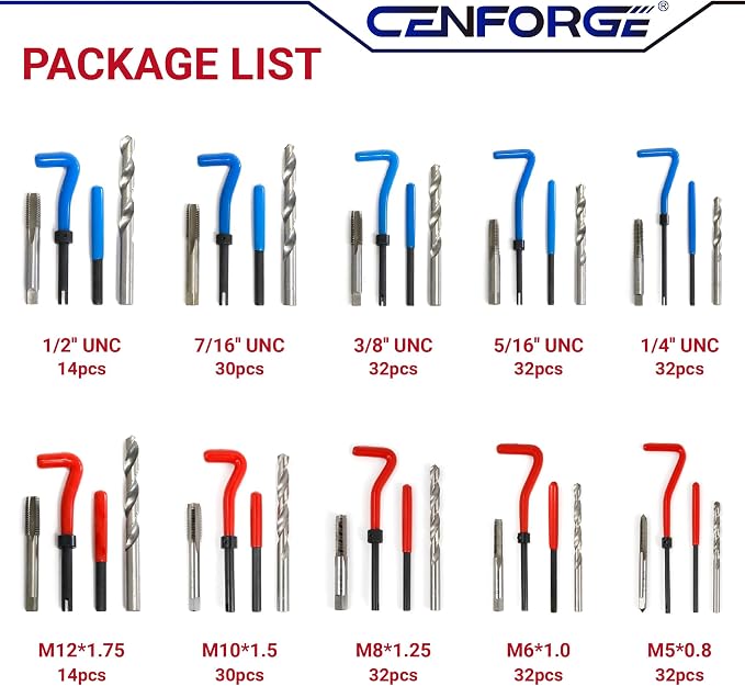 Helicoil Thread Repair Tool Kit 320-Piece: SAE (1/4"-1/2") & Metric (M5-M12) | Includes HSS Drill Bits, Taps, 304SS Inserts & Break-Off Tools | Professional Thread Restorer for Automotive & Machinery