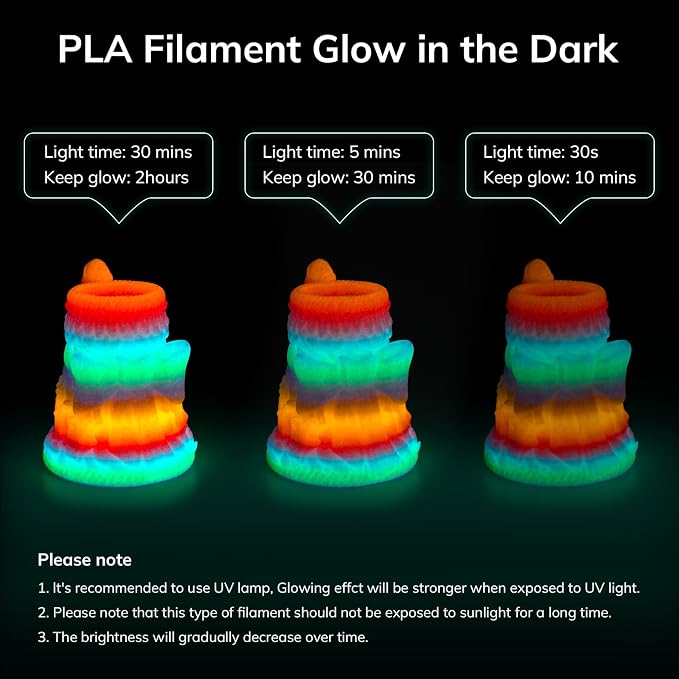 AMOLEN Glow in The Dark 3D Printer Filament Bundle, Glow Filament Multicolor, 5 Meter Rainbow, Green, Blue and Blue-Purple, 1.75mm PLA Filament, Dimensional Accuracy +/- 0.02 mm, 200g X 4 Pack