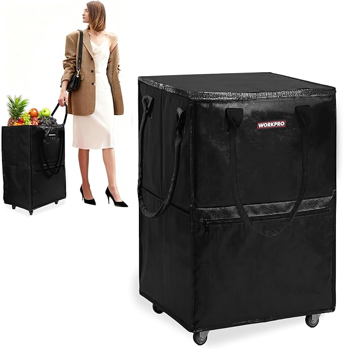 WORKPRO Large Rolling Grocery Bag, 36-Gallon Tote with 5 Wheels, 110 lbs Capacity, Dual Carry, Wide Zipper & Extra Storage for Shopping, Laundry & Moving