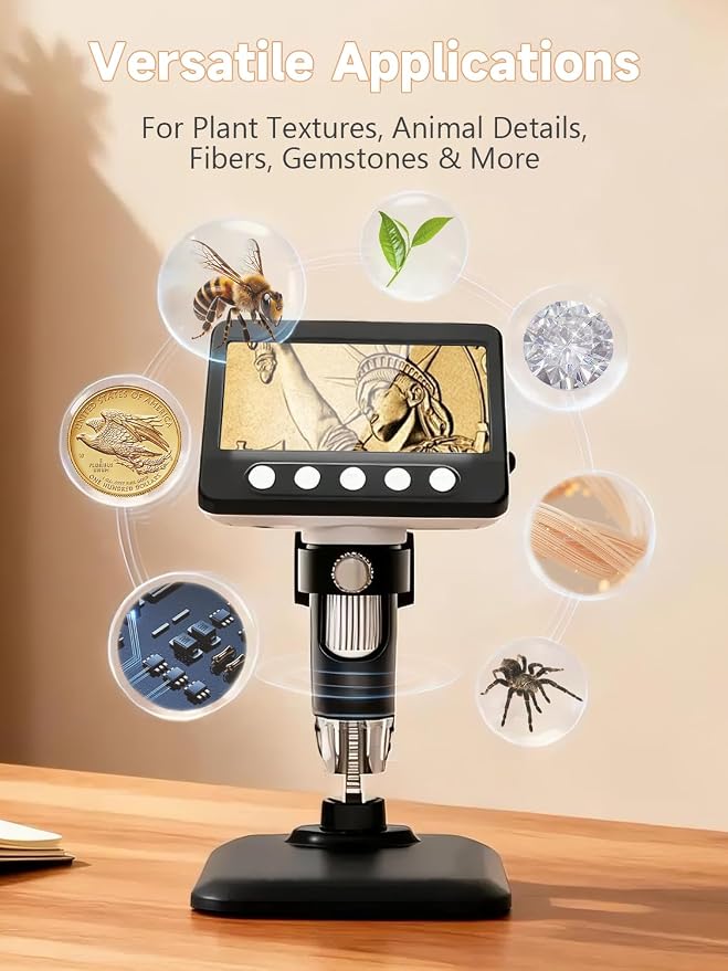 Coin Microscope, 4.3" LCD USB Digital 1000X 1080P Coin Magnifier | 8 Adjustable LED Lights, PC View Compatible with Windows/MacBook for Adults Kids