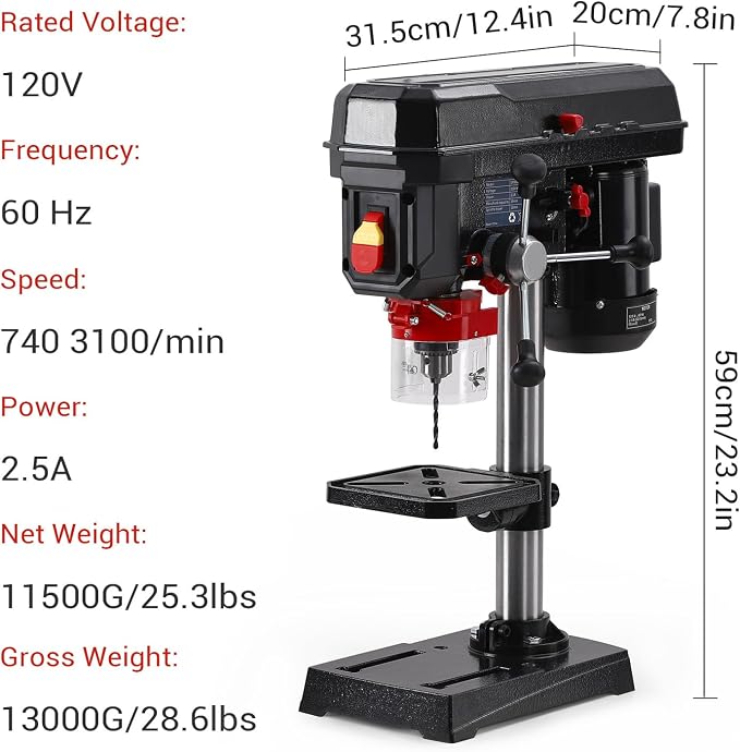 8 Inch Benchtop Drill Press, 2.5A Mini Drill Machine, Tabletop Drilling Machine with 5 Speed Adjustable, Swing Distance 0-45° Tiltling Worktable for Wood Metal