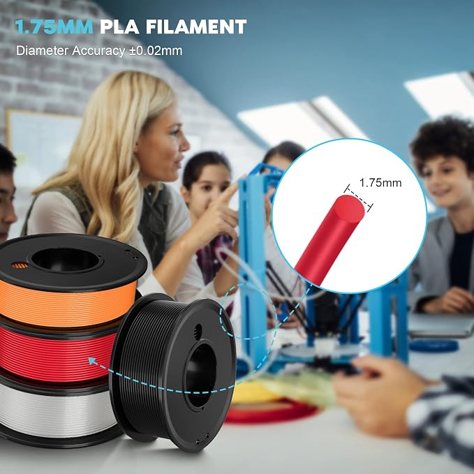 3D Printer Filament PLA 1.75mm 3-D Printing Materials 5 Color Bundle Print Filimate 1.75 mm White Black Clear Red Orange Filiment1.75 Accuracy ±0.02mm Fillament Spool Vacuum Pack 250G X 5 Roll