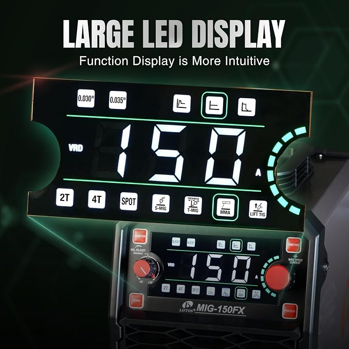 150A 3-in-1 Synergic MIG Flux Core Spot Welder 120V | Portable 8.2lb inverter automatically matches parameters | Joins 3/16" stainless steel sheets with clear LED tracking