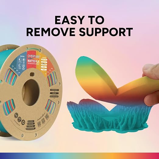 OVERTURE Matte PLA 1.75mm, Low Warp & Smooth Finish 3D Printer Filament | Frosted Matt Finish Hides Layer Lines, 1kg Spool (2.2lbs) Cardboard Spool, Fit Most FDM Printer (Matte Candy Rainbow)