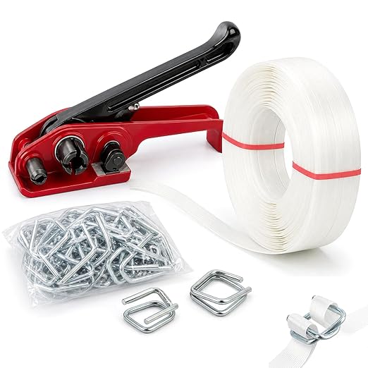 Heavy Duty Woven Pallet Strapping Kit, 3/4"x320' 2000LBS Strap, Tensioner & 50 Metal Buckles | Heavy Duty Woven Strapping Kit: 3/4" 320' 2000LBS, Tensioner & 50 Metal Buckles