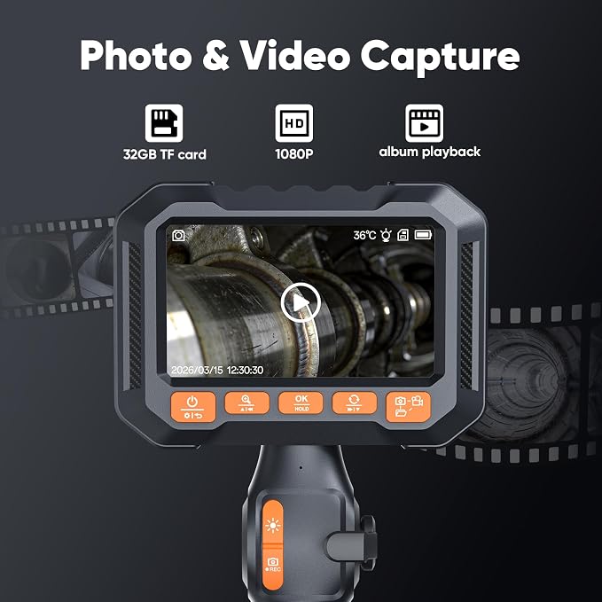 T Takmly Two-Way Articulating Borescope with Light, 210° Steerable 1080P Endoscope Camera, 0.33inch Semi-Rigid Snake Scope, 4.3" IPS Screen, 32GB, 5.5FT for Automotive Engine HVAC Wall Mechanics