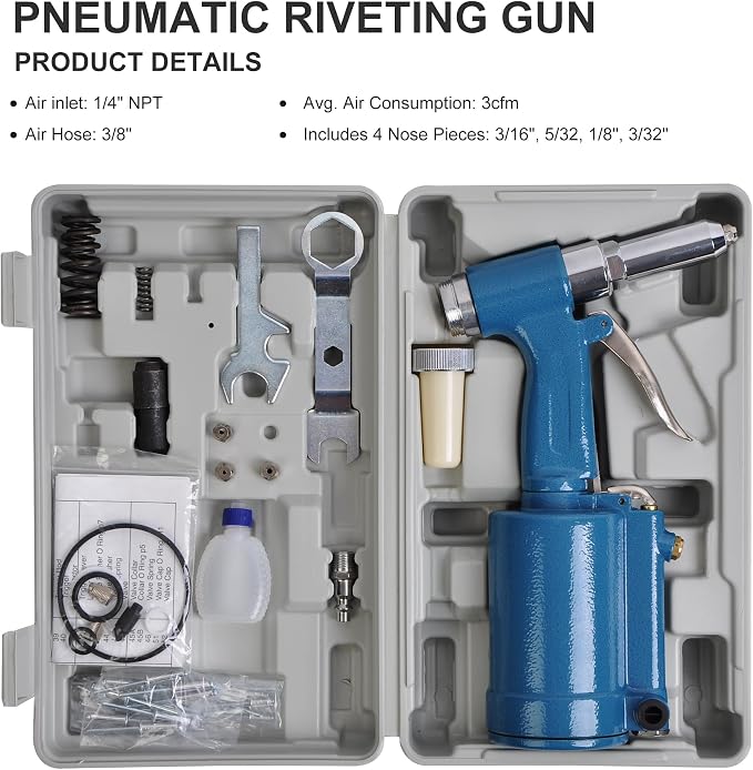 Pneumatic Rivet Gun Heavy Duty Pop Rivet Gun Tool Kit with 3/16" 5/32" 1/8" and 3/32" Nosepieces, Air Hydraulic Rivet Gun for Automobile, Elevator, Furniture, Instrument (4 nozzles)
