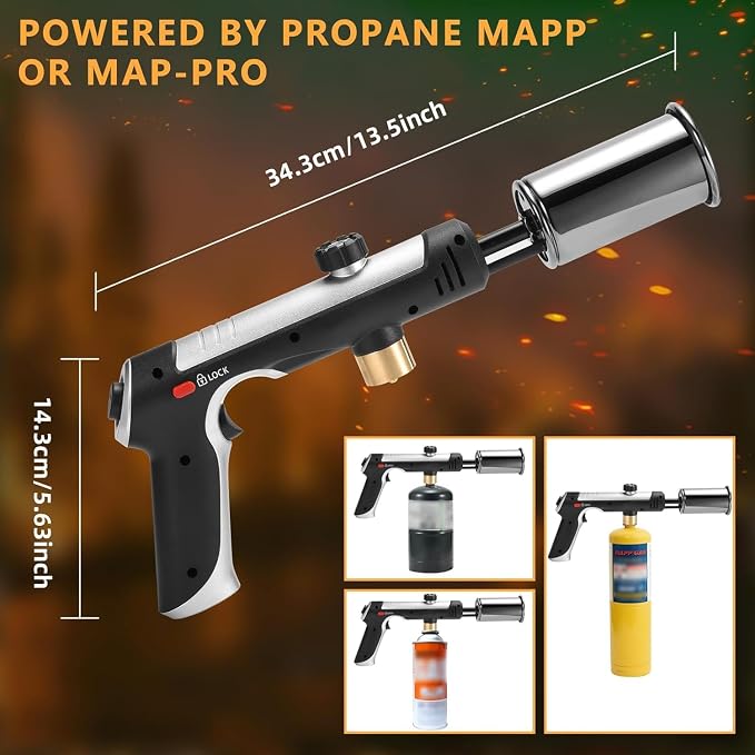 Torch Gun with One-Touch Max Fire, Flame Thrower with Safety Lock, Blow Torch Gun for BBQ, Grill, Charcoal Lighter, Cooking Flamethrower for Camping, Outdoors (Tank Not Included)