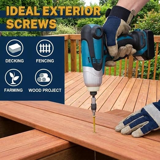 #8 x 1-5/8" Exterior Deck Screws (5 lb Box), Tan Epoxy Coated Wood Screws with T25 Star Bit, Type 17 Self-Drilling Point for Pressure-Treated Lumber, Rust Resistant Fasteners