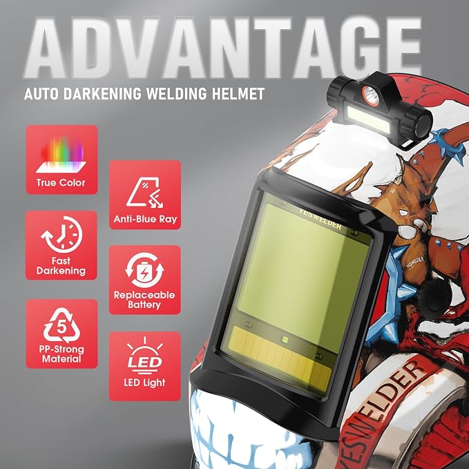 YESWELDER Intelligent Auto-Shade Auto Darkening Welding Helmet Large View with LED, Digital Filter, 1/1/1/1 True Color Solar Powered, Shade 3/5-9/9-15 Welder Mask for MIG/TIG/Stick/Cut/Grind