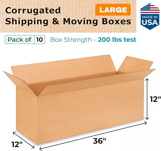 Exrta Large Shipping & Moving Boxes 36x12x12" (10-Pack) - Extra Strength 200 lb vs Regular - USA-Made Corrugated Shipping Boxes for USPS/UPS - Strong Cardboard Box - Large Moving Box by IDL Packaging