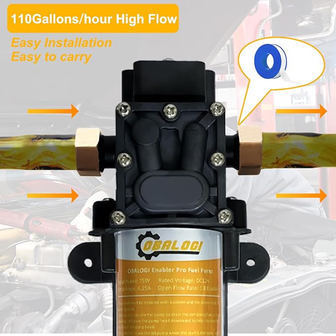 12V 75W Electric Fuel Transfer Pump – Self-Priming, Transfers 110 GPH Gasoline & Diesel, Portable for Cars, Trucks, Boats, Tractors & Farm Equipment