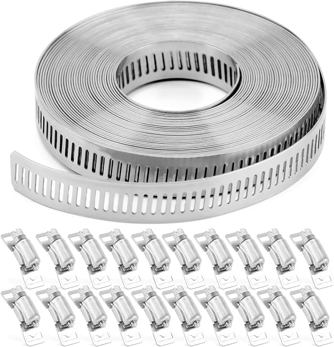 Hose Clamps (40 Fasteners + 20FT Strap) DIY Cut-To-Fit 304 Stainless Steel Band Clamps Adjustable Worm Gear Hose Clamp Kit Silver
