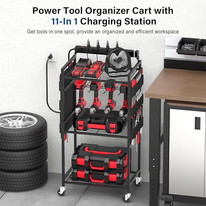 JUNNUJ Garage Large Power Tool Organizer Cart with 8 Outlet 3 USB Charging Station, Floor Rolling Drill and Tools Battery Storage Cart on Wheels, Heavy Duty Utility Rack Shelf with Power Strip, Black