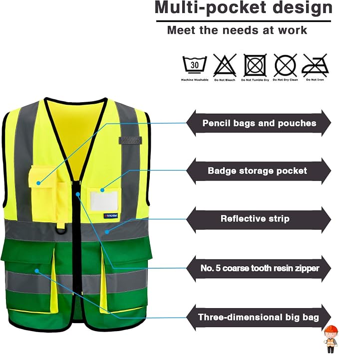 A-SAFETY yellow green construction vest | Yellow/Green XL safety vest with clear ID holder, mic tabs and reflective strips for sanitation work; for men and women.