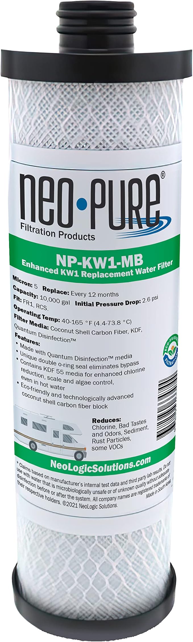 Neo-Pure NP-KW1-MB Compatible Replacement for WaterPur™ KW1 RV Water Filter- Now Available as MAX Filter- With Quantum Water Purification KDF 55 Media and Coconut Shell Carbon Fiber