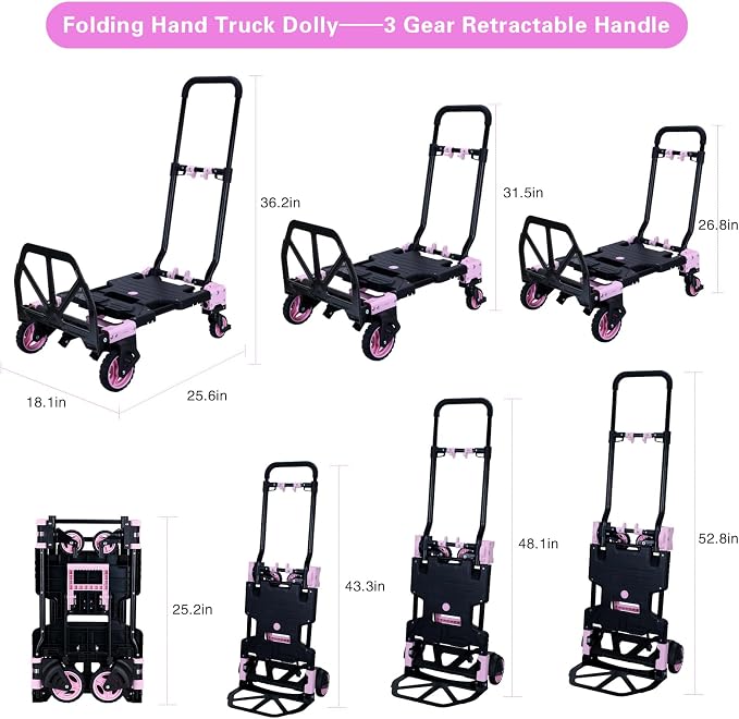 JJSMKCH 2 in 1 Folding Hand Truck,330LB Capacity Hand Truck Foldable,Dolly Cart with Wheels and 3-Speed Adjustable Handle,Portable Hand Cart,Collapsible Dolly for Moving (Pink)