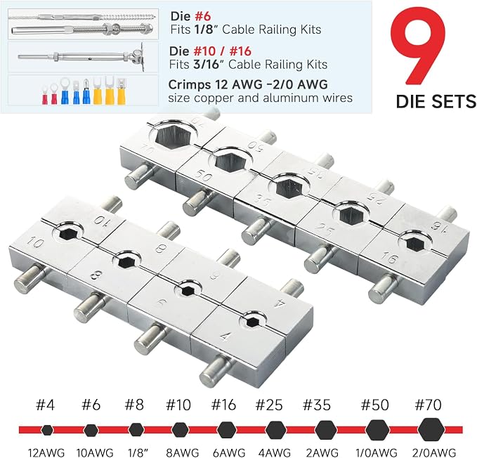 Hydraulic Lug Crimping Tool 10 US Ton with Wire Rope Cutter, 9 US Standard Chromed Hexagonal Dies 12, 10, 8, 6, 4, 2, 1/0, 2/0 AWG for Electrical Terminals and 1/8" for Stainless Steel Wire Rope