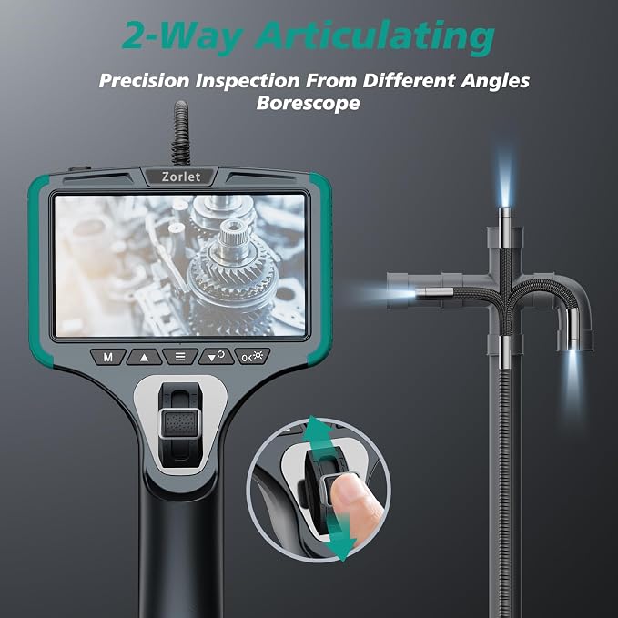 Two-Way Articulating Borescope Camera with Light, Industrial Endoscope Inspection Camera with 0.25 in Slim Articulated Probe, Waterproof Snake Scope for Mechanics & Engine Inspection (Green)