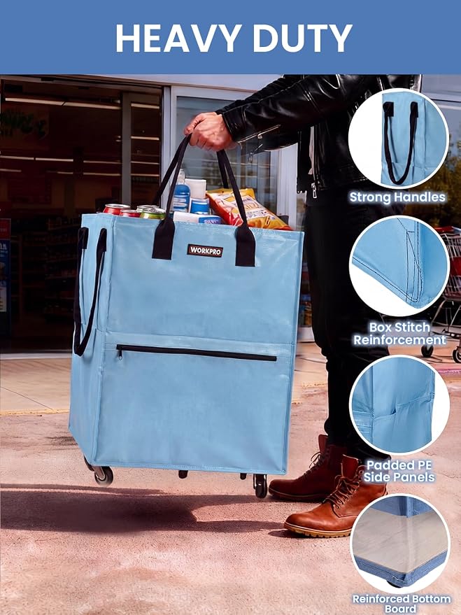 WORKPRO Large Rolling Grocery Bag, 36-Gallon Tote with 5 Wheels, 110 lbs Capacity, Dual Carry, Wide Zipper & Extra Storage for Shopping, Laundry & Moving