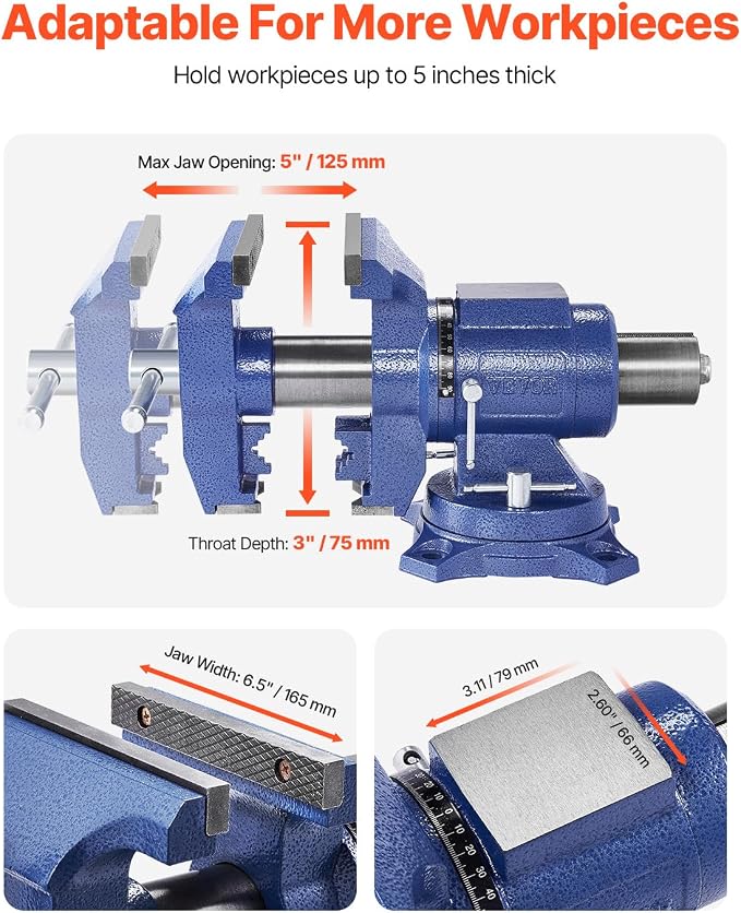 VEVOR Heavy Duty Bench Vise, 6.5 Inch Jaw Width, 5 Inch Max Opening, Multi-Purpose Ductile Iron, Anvil, 360° Swivel Base, 5620 Lbs Clamp Force