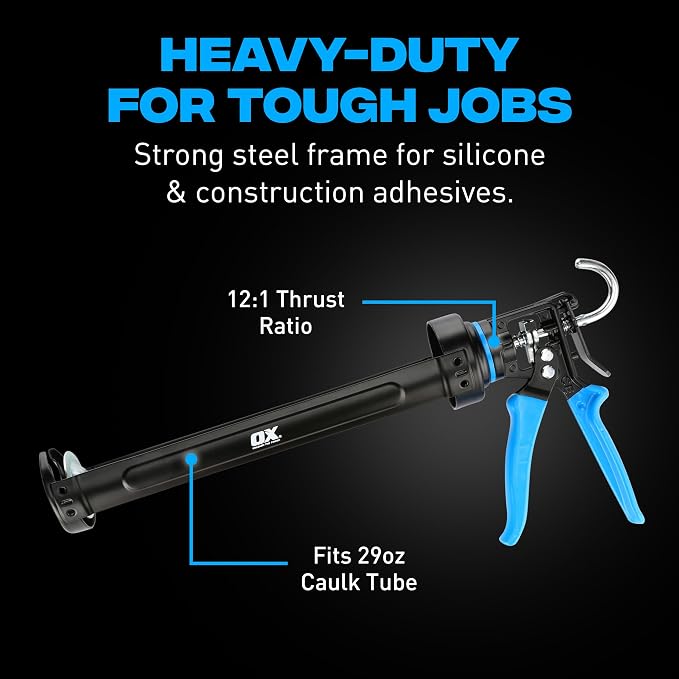 OX Pro 29oz Caulking Gun - Heavy Duty Steel Frame Large Caulk Gun 29 oz with 12:1 Thrust Ratio for Latex and Silicone