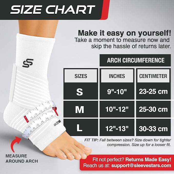 Sleeve Stars Ankle Brace for Women & Men, Ankle Wrap for Sprained Ankle, Compression Sleeve for Plantar Fasciitis Relief, Easy Customizable Support: w/Removable Strap (Single/L:12"-13"/White)