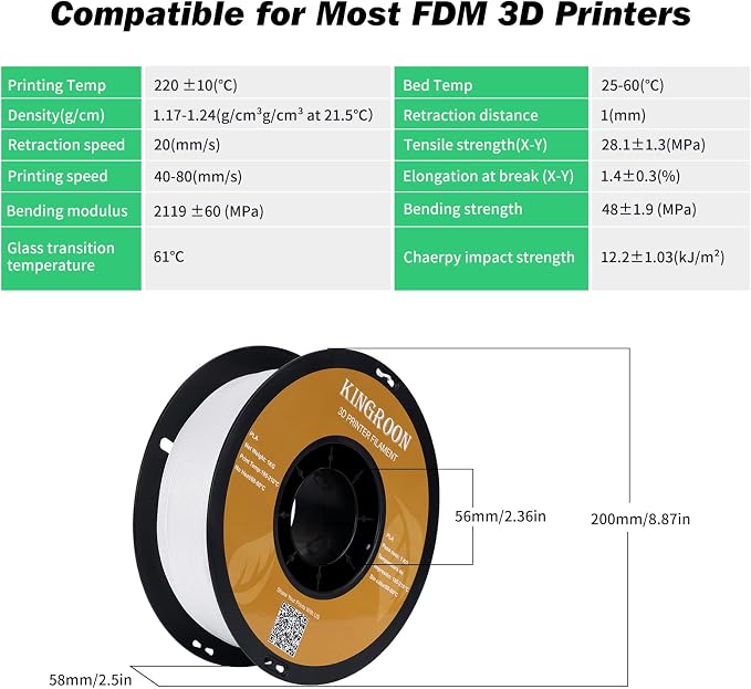 Kingroon PLA 3D Printer Filament, Dimensional Accuracy +/- 0.02 mm, 1 kg Spool(2.2lbs), 1.75mm,2KG White+White