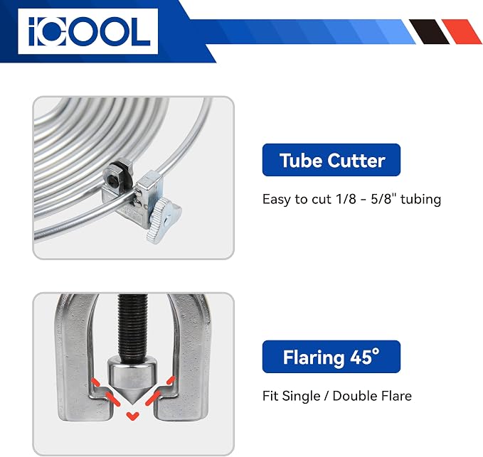 ICOOL 25 ft 3/16" Zinc Coated Brake Line Flaring Tool Kit with 20 Fittings and 4 Unions Brake Line Fittings, Brake Line Kit with Tube Bender and Reamer