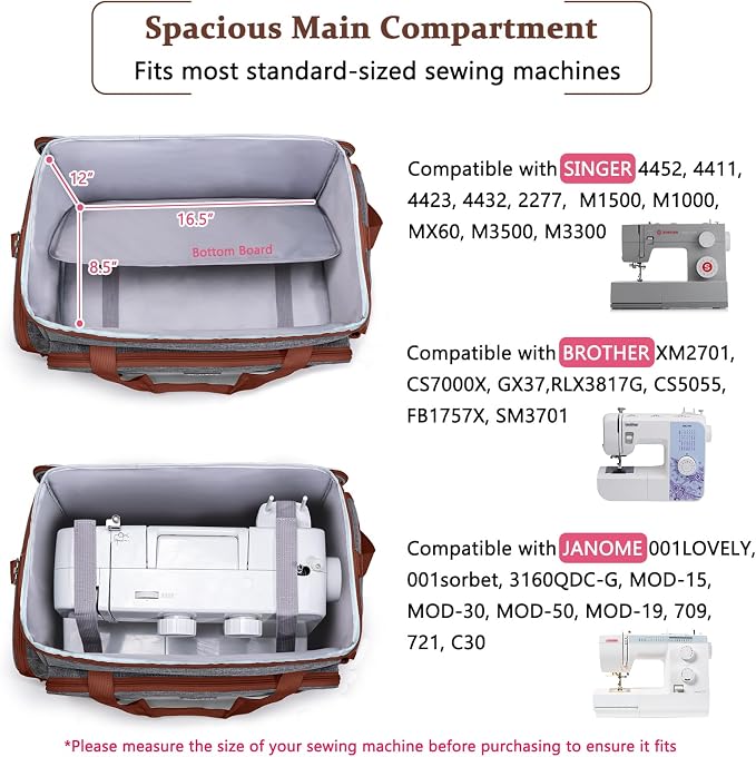 AMOIGEE Sewing Machine Case – Heavy Duty Sewing Machine Bag with Thick Padded Bottom, Sewing Tote Fits Most Standard Machines Compatible with Singer, Brother, Janome