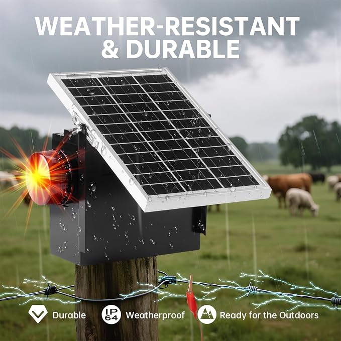 Solar Fence Charger with Warning Light, Briidea 1.2 Joules Solar Electric Fence Energizer, Dual Power (Solar & Adapter), Up to 10-Mile Range, IP64 Weather-Resistant, for Livestock, Garden & Pasture